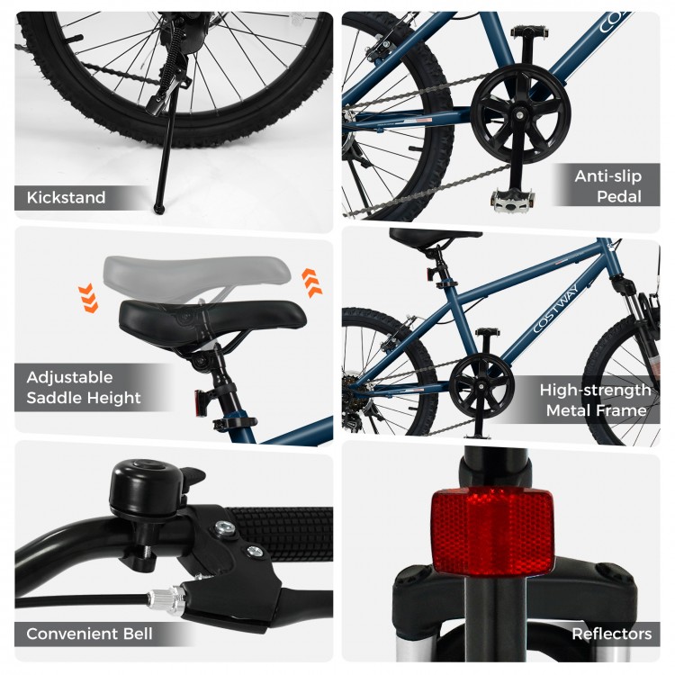 Kids mountain bike features adjustable saddle height, anti-slip pedal, and convenient bell for safe riding.