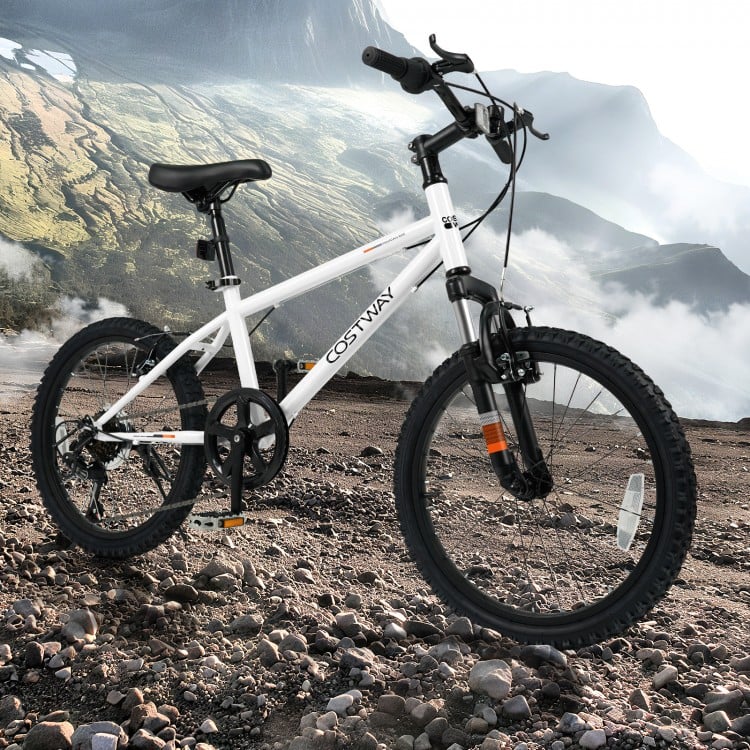 Kids mountain bike in white with 20-inch wheels, featuring adjustable saddle, suspension fork, and large pneumatic.