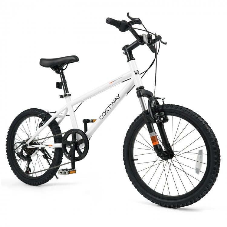 Kids mountain bike in white with 20-inch wheels, adjustable saddle, and dual V-brakes for safe riding.