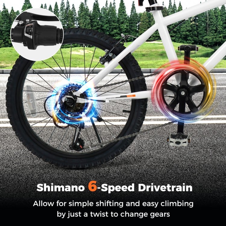 Shimano 6-speed drivetrain detail on a kids mountain bike, enabling easy gear changes for smooth rides on various.