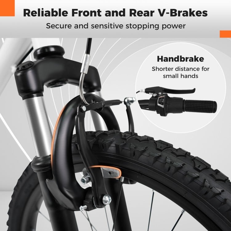 Close-up of the dual V-brakes on the Kids Mountain Bike, featuring a handbrake designed for small hands for safe.
