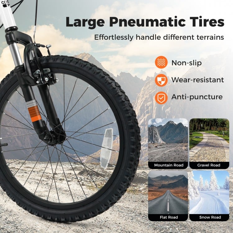 Large pneumatic tire of the Kids Mountain Bike, non-slip and wear-resistant, designed for various terrains and safety.