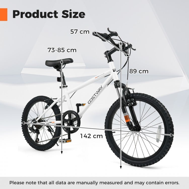 Kids mountain bike size chart showing dimensions for 20-inch model, ideal for children aged 8+ years old.