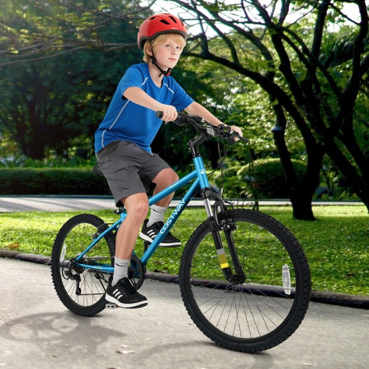 Kids mountain bike in blue with 20-inch tires, adjustable saddle, and dual V-brakes for safe riding on various terrains.