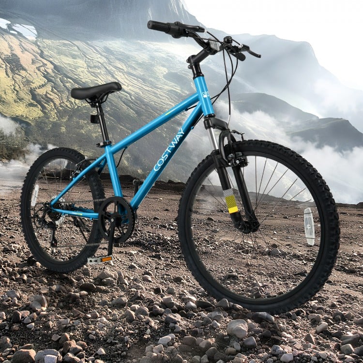 Kids mountain bike in blue with 20-inch wheels, featuring adjustable saddle, suspension fork, and dual V-brakes for.