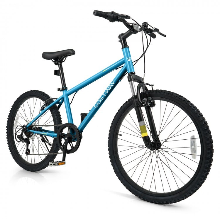 Kids mountain bike in blue with 20-inch wheels, adjustable saddle, and dual V-brakes for safe riding on various.