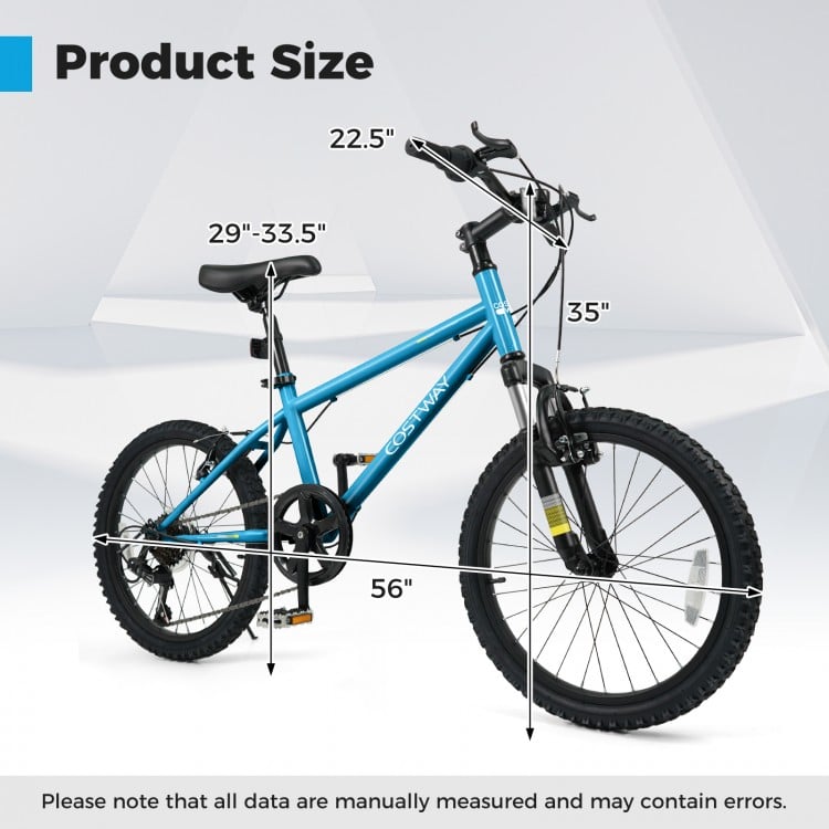 Kids mountain bike size chart showing dimensions for the blue 20-inch bicycle, suitable for children aged 8+.