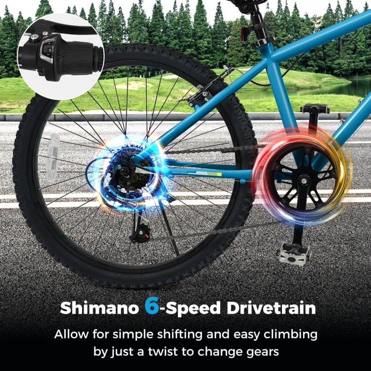 Shimano 6-speed drivetrain on a blue kids mountain bike, enabling easy gear changes for various terrains.