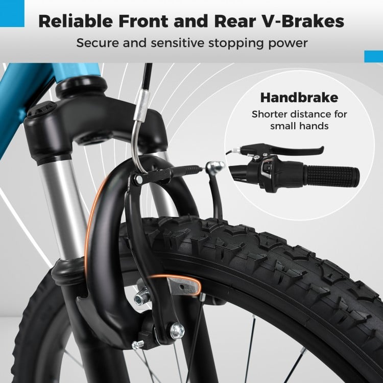 Front view of the Kids Mountain Bike showcasing reliable V-brakes and handbrake designed for small hands for safe.