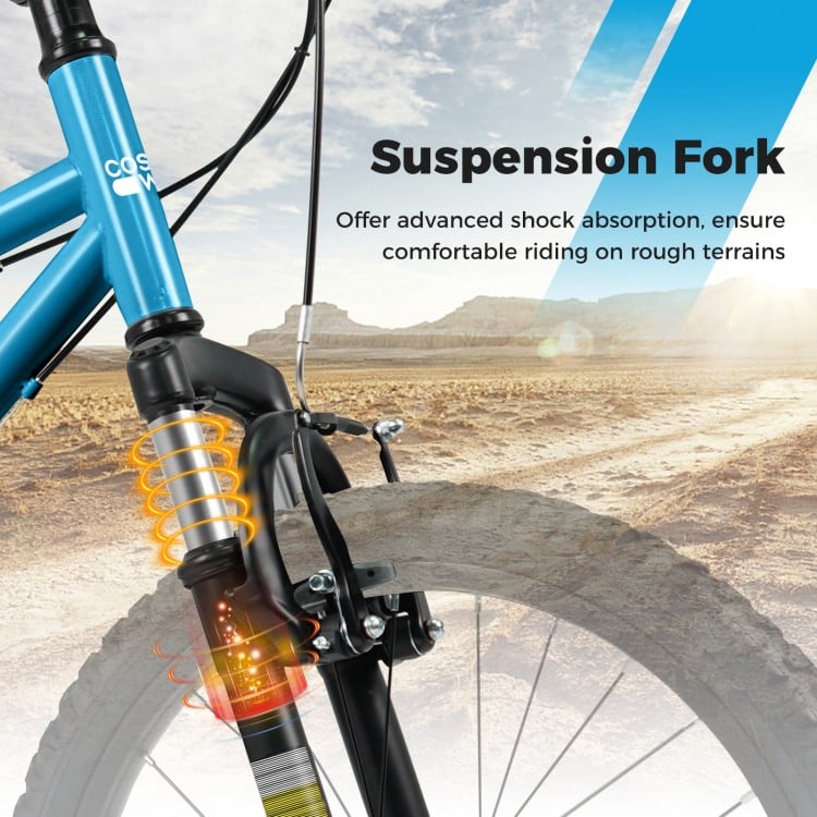 Kids mountain bike with a blue suspension fork, designed for smooth rides on rough terrains for children aged 8+.
