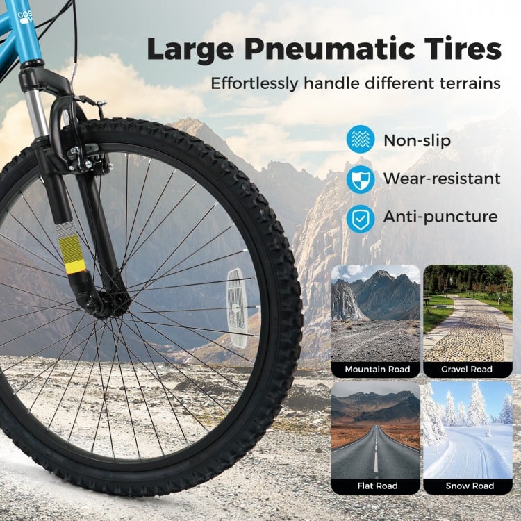 Large pneumatic tires on a kids mountain bike, non-slip and wear-resistant, designed for various terrains.