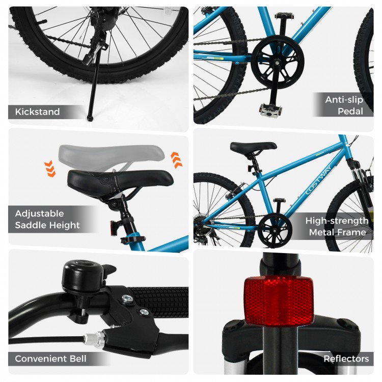 Kids mountain bike features adjustable saddle height, anti-slip pedal, and convenient bell for safe rides.
