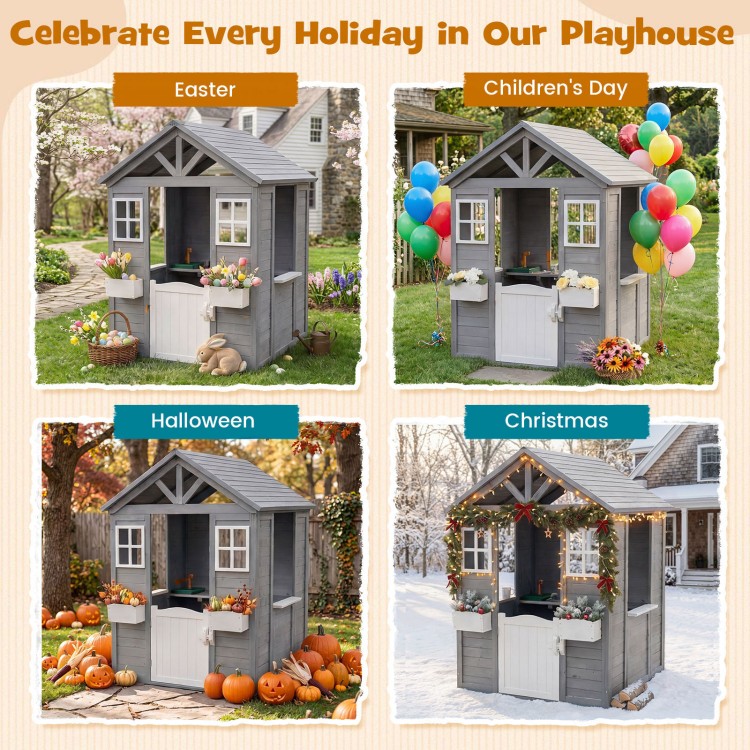 Kids outdoor playhouse in gray spruce wood, featuring a sink and half door, ideal for holiday celebrations.