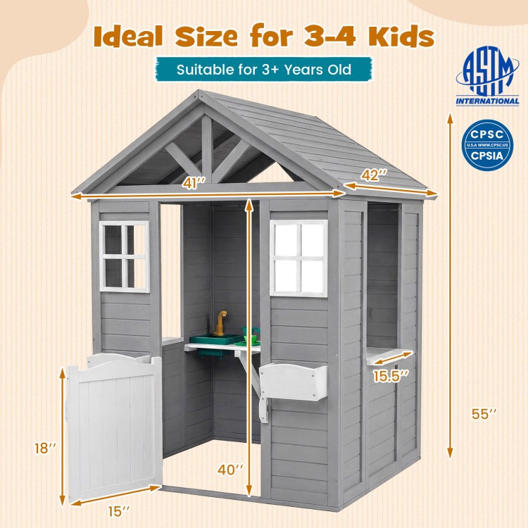 Kids outdoor playhouse in gray with sink, half door, and ideal size for 3-4 children, perfect for imaginative play.