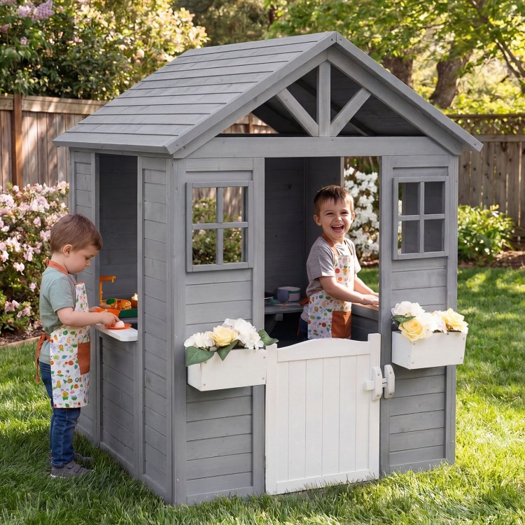 Kids outdoor playhouse in gray spruce wood with sink, featuring a half door and flower boxes, perfect for imaginative.