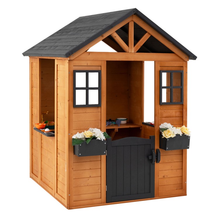 Kids outdoor playhouse with sink, natural spruce wood, half door, and flower pots, perfect for imaginative play.