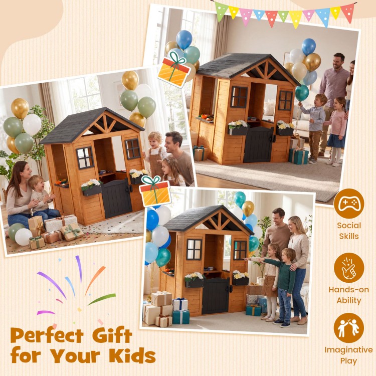 Kids outdoor playhouse with sink, natural spruce wood, half door, and serving station for imaginative play and social.