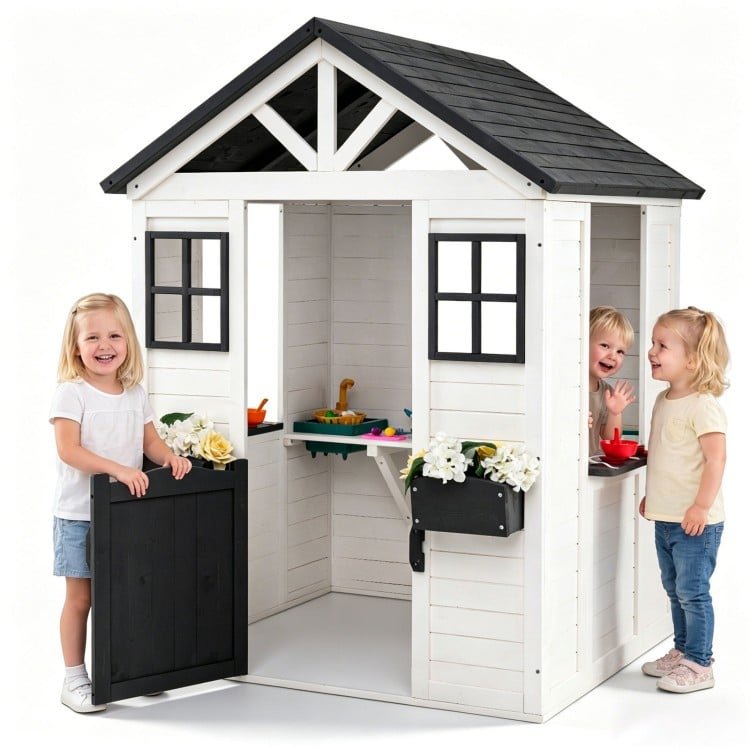 Kids outdoor playhouse with sink, wooden cottage design, featuring a half door and spacious tabletop for pretend.
