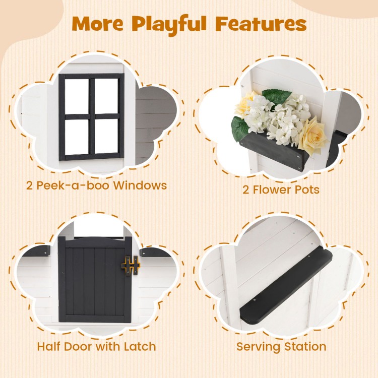 Kids outdoor playhouse with half door, two flower pots, and serving station, crafted from premium spruce wood.
