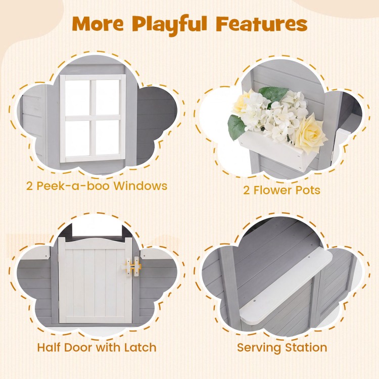 Kids outdoor playhouse features two peek-a-boo windows, flower pots, half door with latch, and serving station.