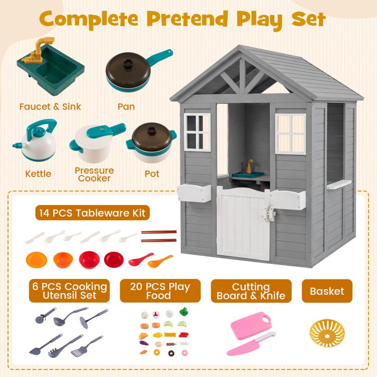 Kids outdoor playhouse in gray with sink, half door, and 14-piece tableware kit for imaginative play.