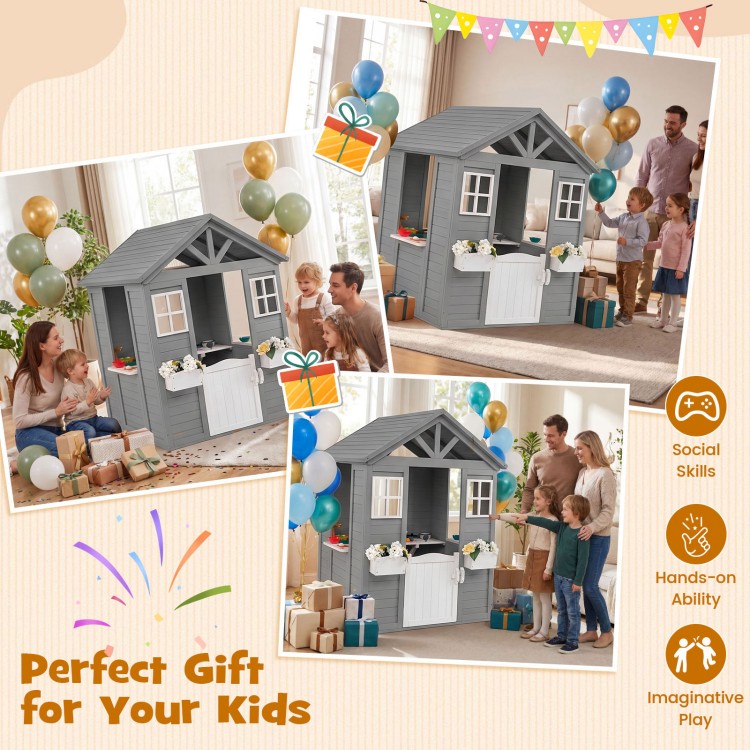 Kids outdoor playhouse in gray with sink, featuring a half door, perfect for imaginative play and social skills.
