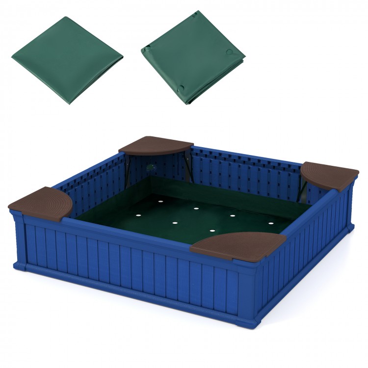 Kids outdoor sandbox in navy with oxford cover and four corner seats, perfect for safe play and comfort.
