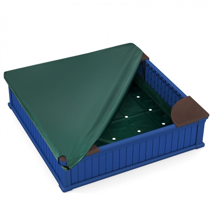 Kids outdoor sandbox in navy with oxford cover, featuring 4 corner seats for comfortable play and protection from.