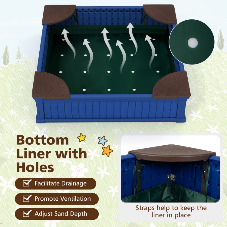 Kids outdoor sandbox with perforated bottom liner for drainage, navy color, includes oxford cover and 4 corner seats.