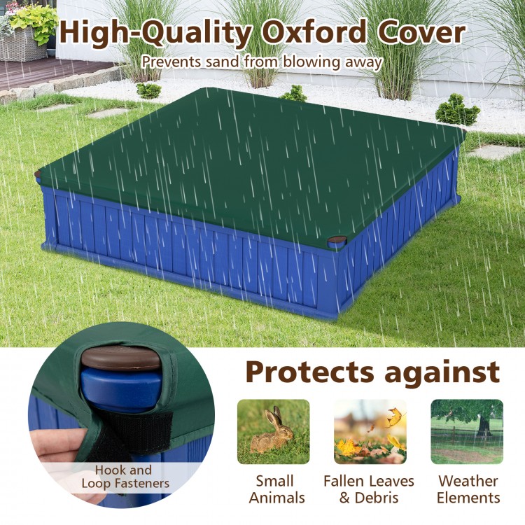 Kids outdoor sandbox with navy oxford cover, designed to protect sand and includes 4 corner seats for comfortable play.