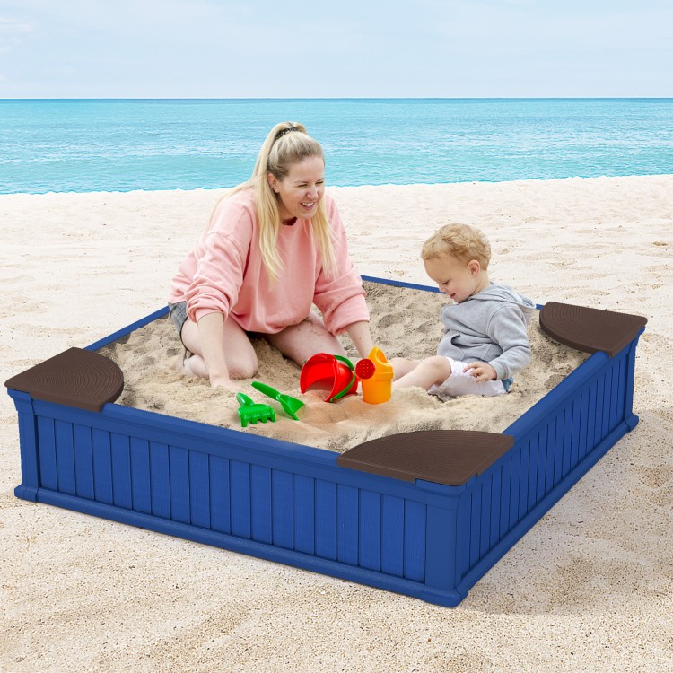 Kids outdoor sandbox in navy with 4 corner seats, featuring a waterproof cover for safe, fun play at the beach.