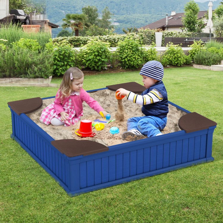 Kids outdoor sandbox in navy with 4 corner seats, designed for safe play and covered with a waterproof oxford cover.