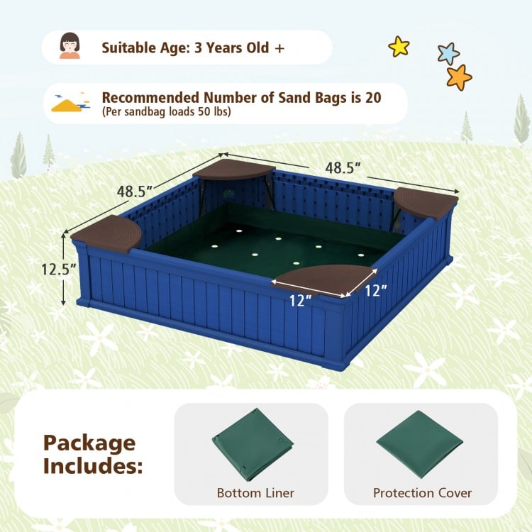 Kids outdoor sandbox in navy with 4 corner seats, waterproof cover, and durable HDPE material for safe play.
