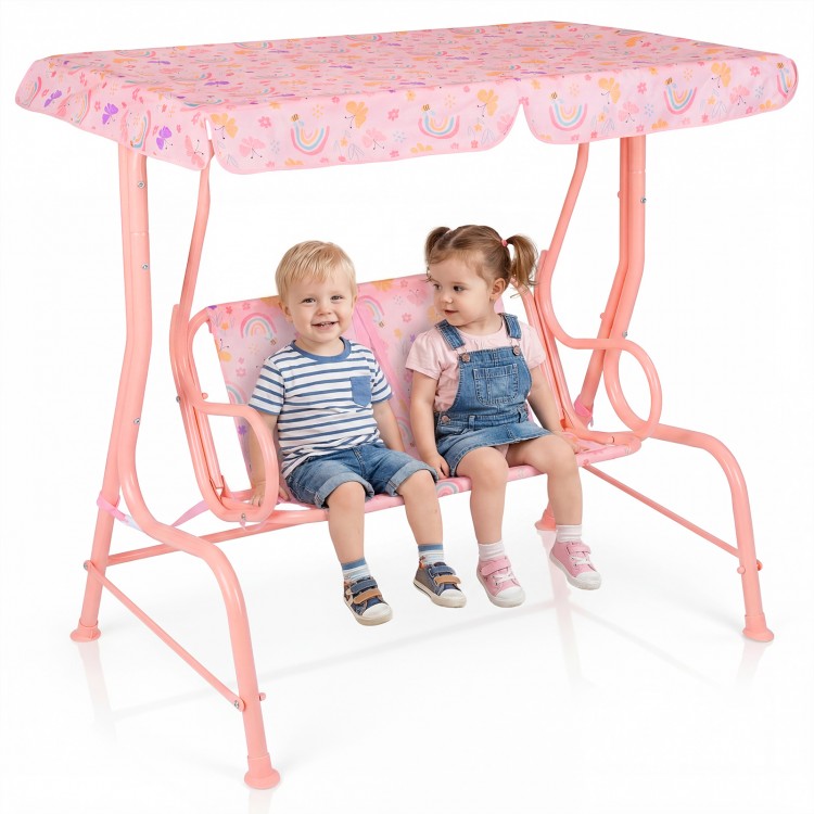 Kids patio swing with pink adjustable canopy, featuring two seats and safety belts, perfect for outdoor fun.