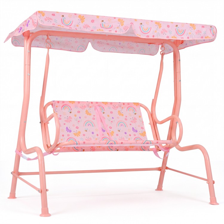 Kids patio swing 2-seater in pink with adjustable canopy and playful patterns, perfect for outdoor fun and safety.