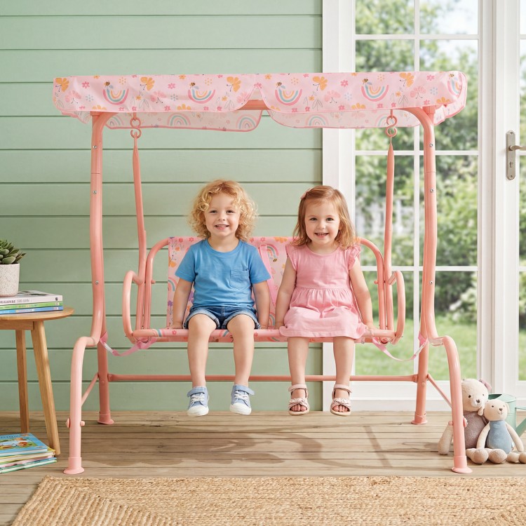Kids patio swing 2-seater in pink with adjustable canopy, featuring two children enjoying outdoor fun on the porch.