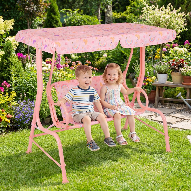 Kids patio swing with adjustable canopy in pink, featuring a sturdy frame and two-seat design for outdoor fun.