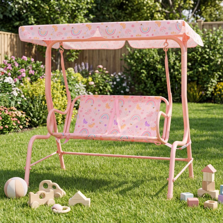 Kids patio swing with pink canopy and floral patterns, designed for outdoor fun and safety in the backyard.