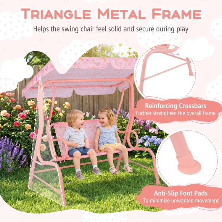 Kids patio swing with adjustable canopy, pink triangle metal frame, and comfortable 2-seat design for outdoor fun.