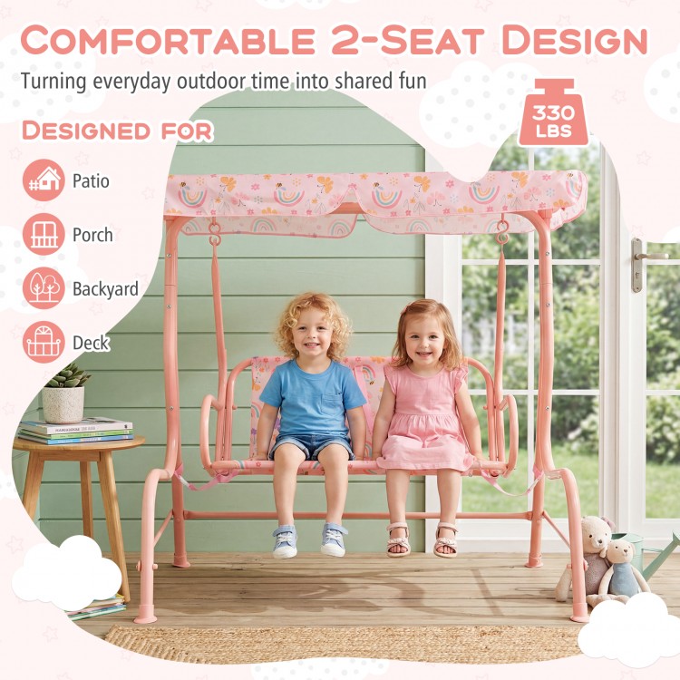 Kids patio swing 2-seater lounge chair in pink with adjustable canopy, designed for outdoor fun on the porch or.