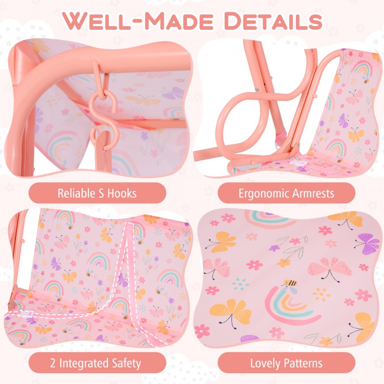 Kids patio swing with pink floral patterns, ergonomic armrests, and adjustable canopy for outdoor fun and safety.