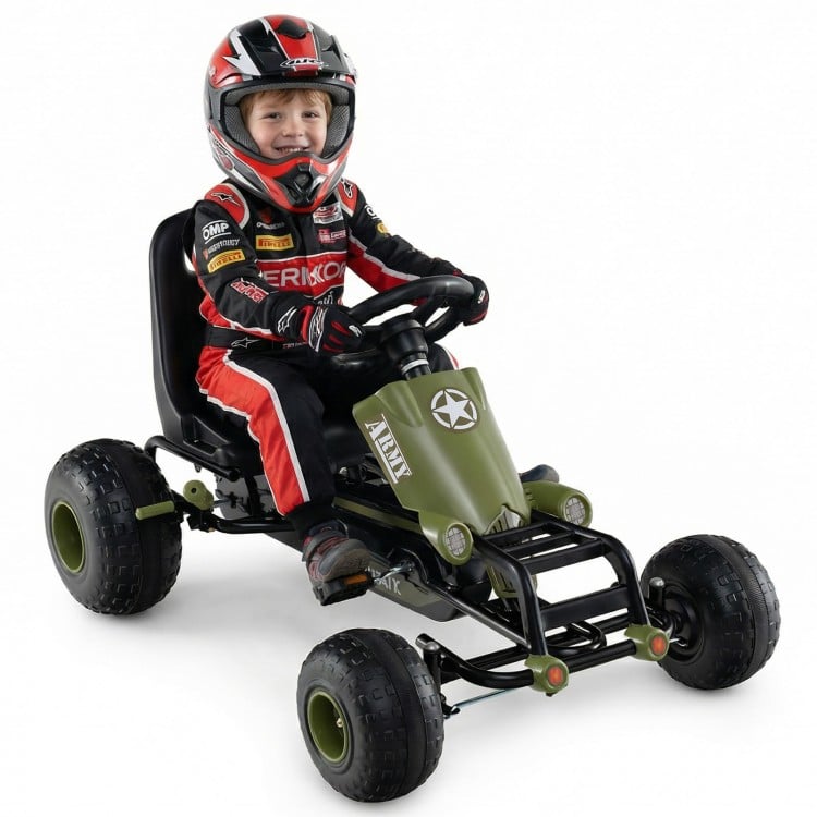 Kids pedal go-kart in green with steering wheel, gear shifter, and handbrake, designed for various surfaces and comfort.