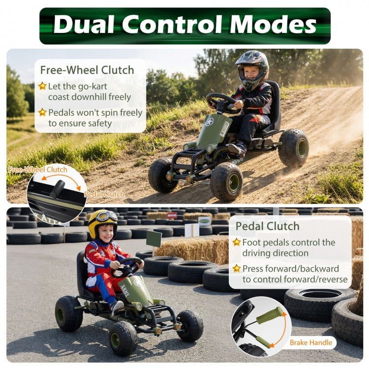 Kids pedal go-kart in green with steering wheel, gear shifter, and handbrake, designed for safe outdoor fun.