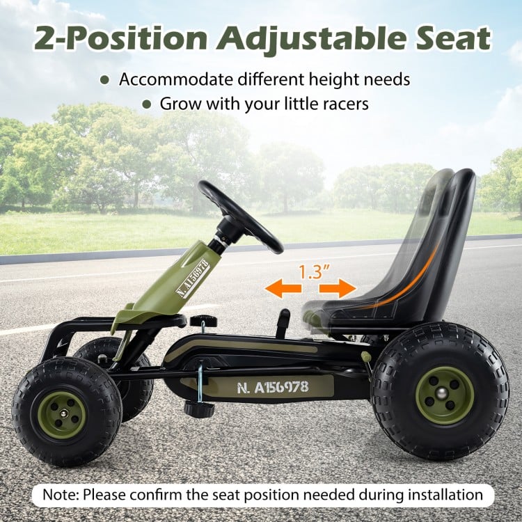 Kids pedal go-kart in green with adjustable seat, steering wheel, and handbrake for outdoor fun and safety.