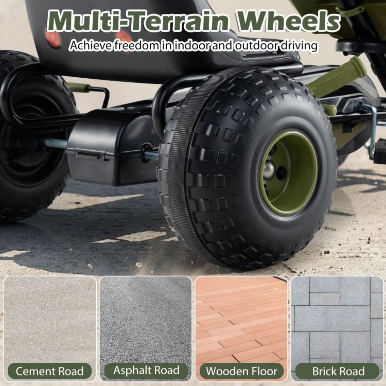 Multi-terrain wheels of the green kids pedal go-kart, designed for various surfaces like asphalt and gravel.