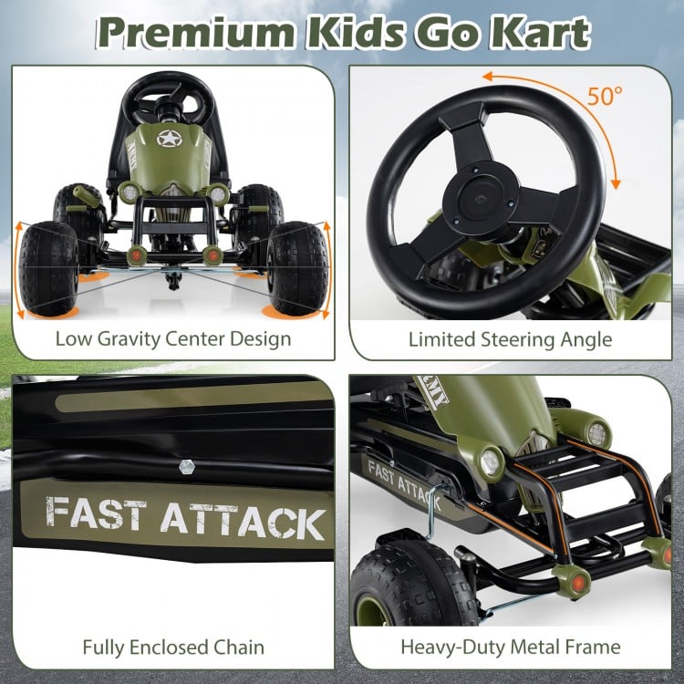 Kids pedal go kart in green with steering wheel, gear shifter, and handbrake for safe outdoor fun and easy operation.