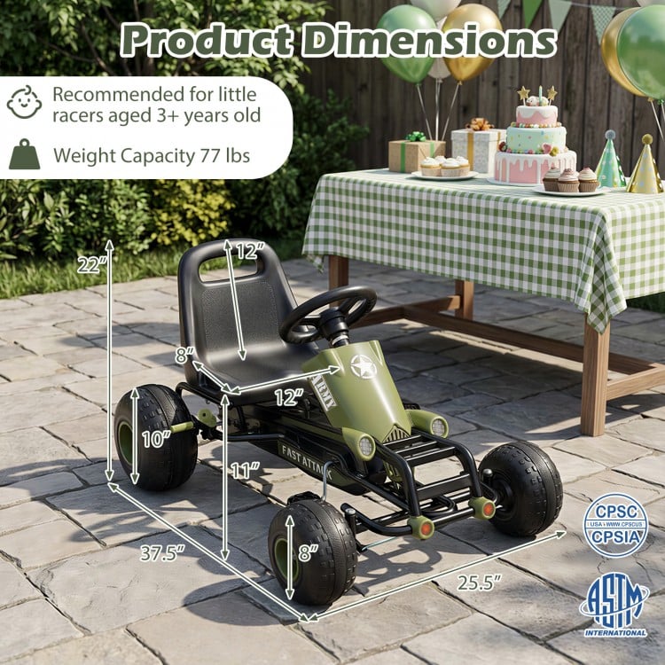 Kids pedal go-kart in green with dimensions, adjustable seat, and safety features for children aged 3+ years.