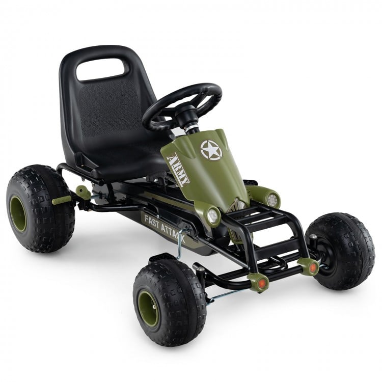 Green kids pedal go-kart featuring a high back seat and ergonomic design for comfort and safety during play.