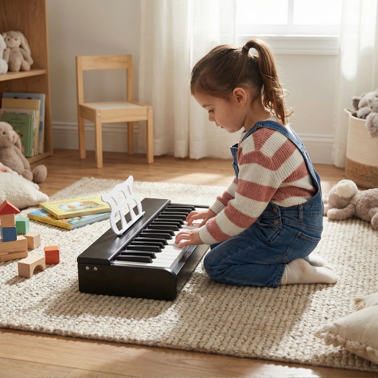 Kids piano keyboard with 30 keys, black finish, designed for beginners, promoting musical skills and creativity.