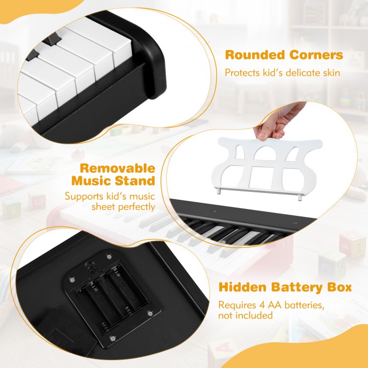 Kids piano keyboard with 30 keys, removable music stand, and rounded corners for safe play and easy operation.